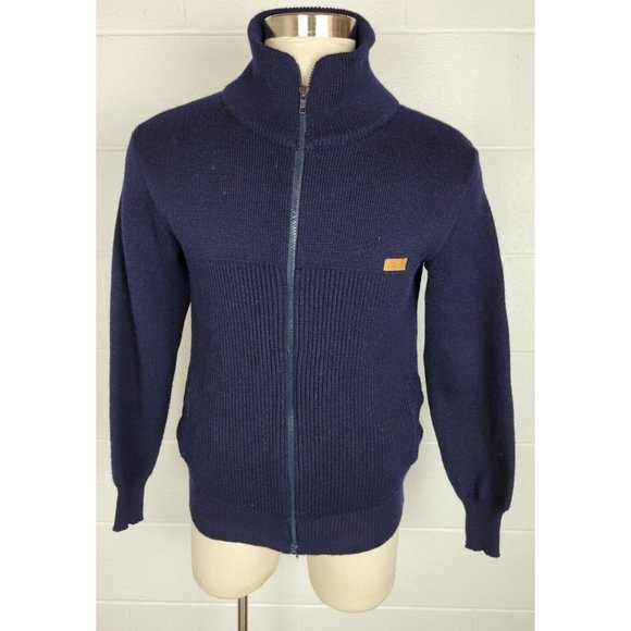 Vtg Ellevi Blue Wool Blend Zip Front Sweater w Elbow Patches Italy Legge 883 M/L - Picture 1 of 9